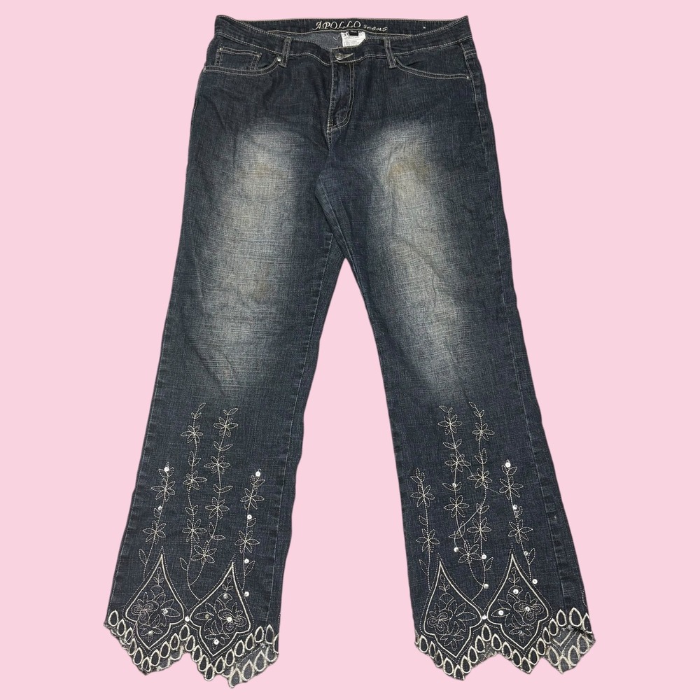 Apollo Jeans Womens Dark Wash Floral Embroider Scalloped Hem Bootcut Jeans 13/14